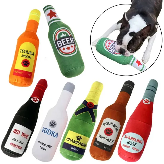 Interactive Dog Toys Champagne Wine Bottle Shape Pet Toy Plush Filled Vodka Toy Squeaky Bite